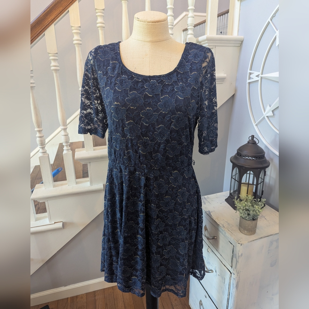 By &‎ By Dark Blue Lined Floral Design Lace Midi Dress XL Open Back RN#31310